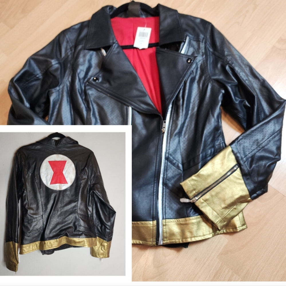 NWT Black Widow Marvel Her Universe Faux Leather Moto Jacket Black Gold Red XL